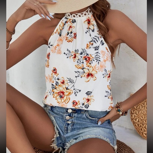 Boho Floral Print Keyhole Back Halter Neck Lace Tie Back Top Blouse Shirt - Picture 3 of 14